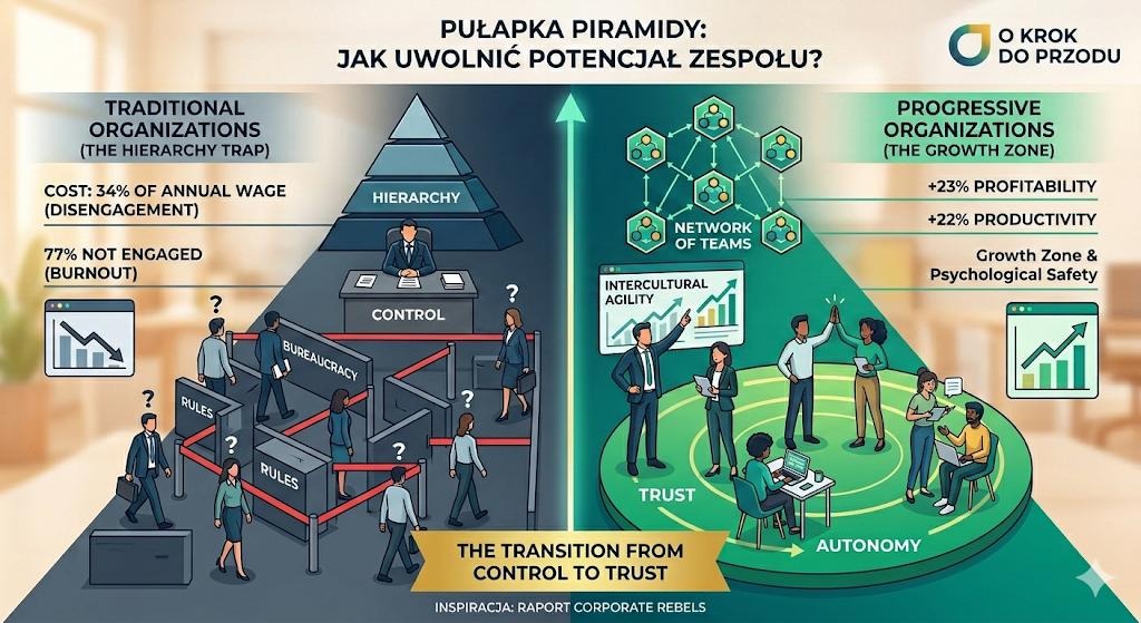 Infografika: Porównanie tradycyjnej hierarchii i progresywnej sieci zespołów